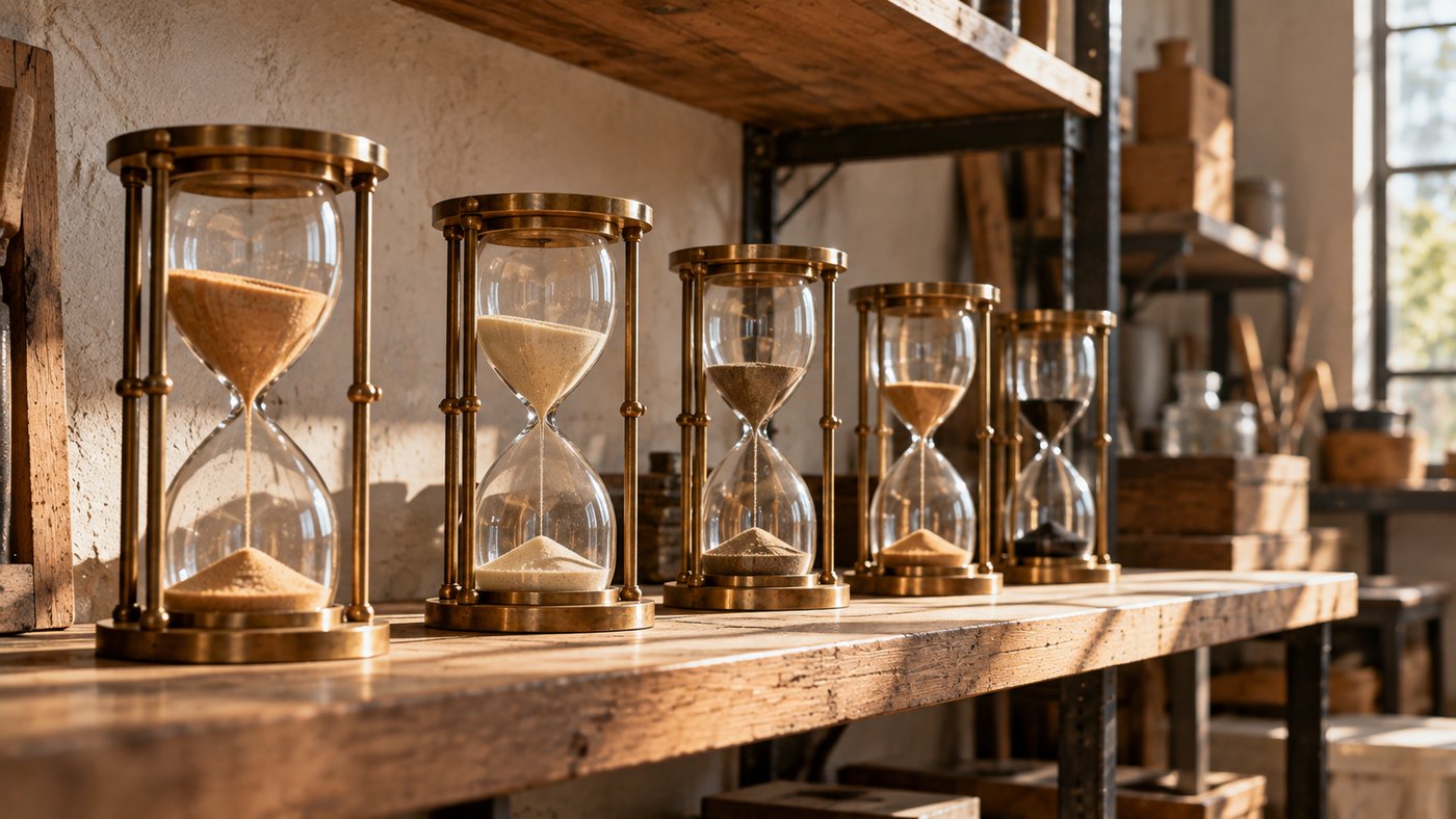A row of brass hourglasses on a wooden shelf in an empty workshop, each with sand at a different level.