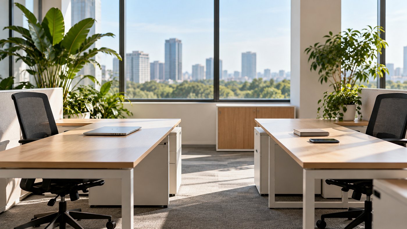 Two empty desks facing each other in a bright office, one with a closed laptop and one with a phone and notebook.