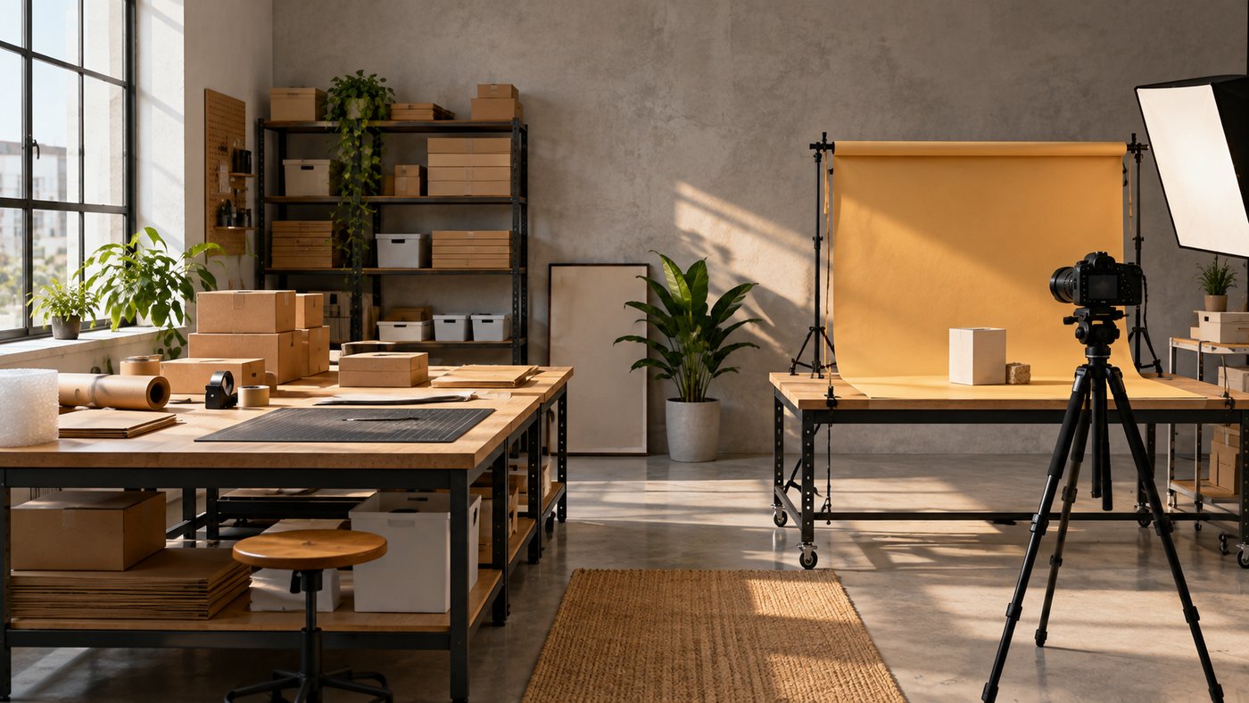 A studio with a packing bench of boxes and tape and a photo table with a camera on a tripod.