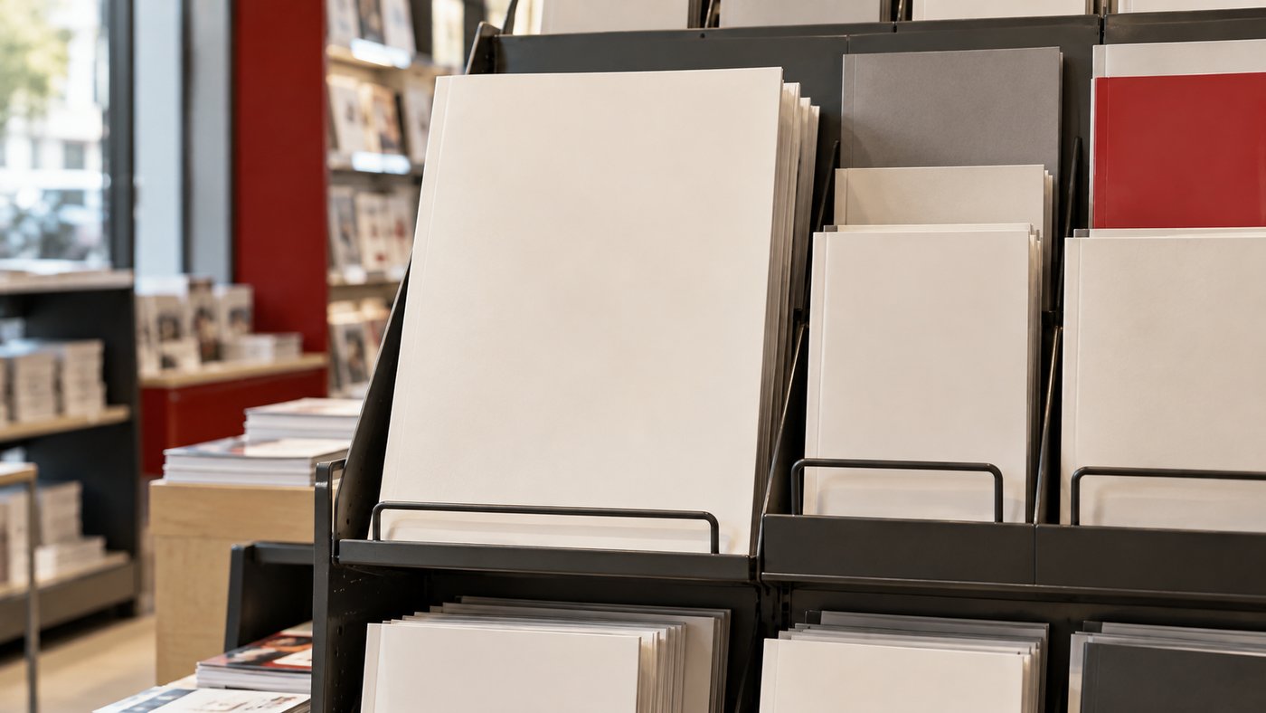 A magazine rack with plain covers, where one large display fills the front and pushes smaller copies to the back.