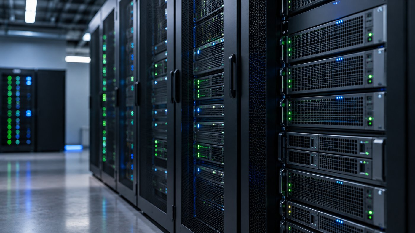 Rows of dark server racks with small green and blue lights.