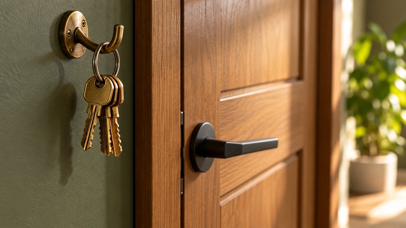 A ring of keys hanging on a hook beside a closed wooden door.