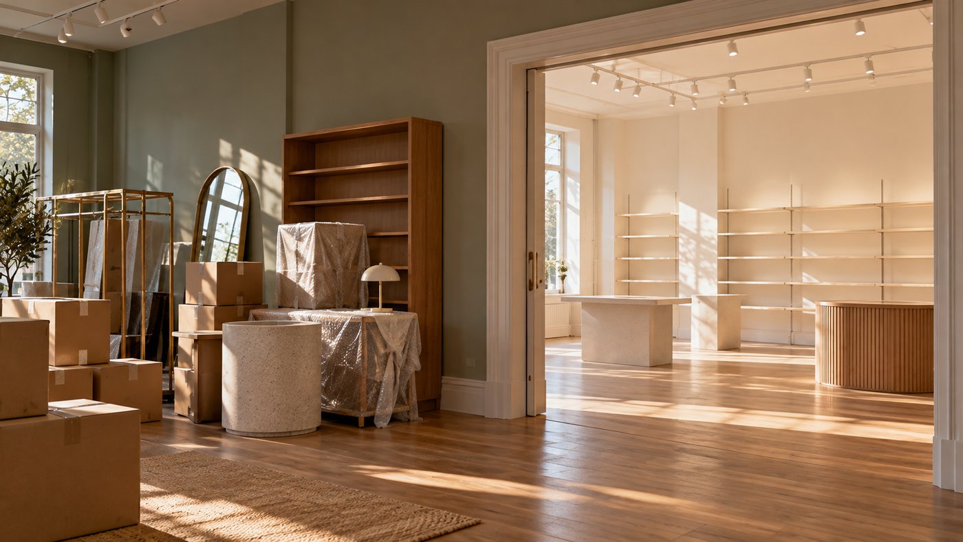 Two empty shop rooms joined by an open doorway, one with fixtures packed in boxes and the other with new bare shelves.
