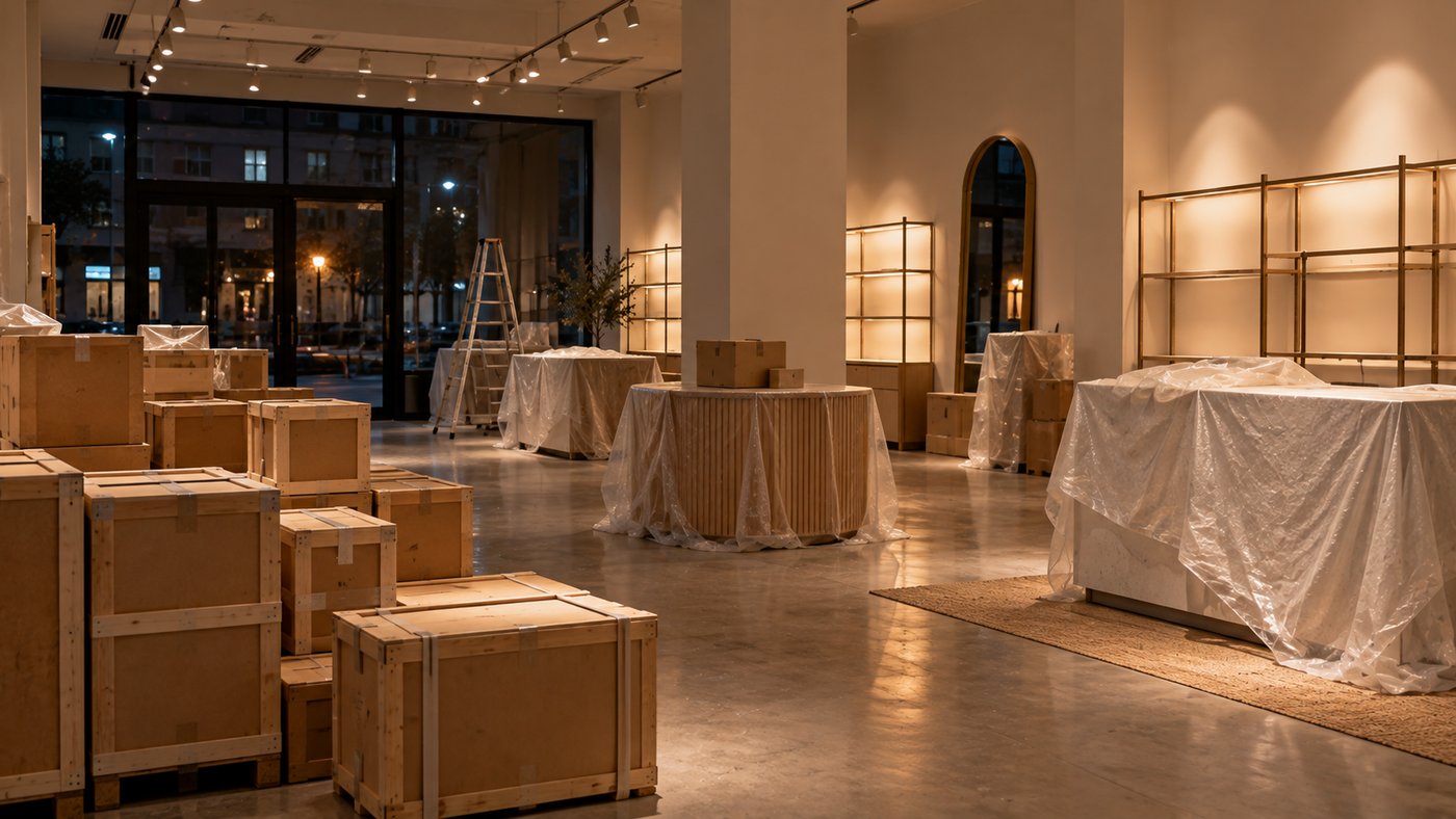Moving crates stacked neatly in a freshly painted, empty shop at night, with fixtures under dust sheets.