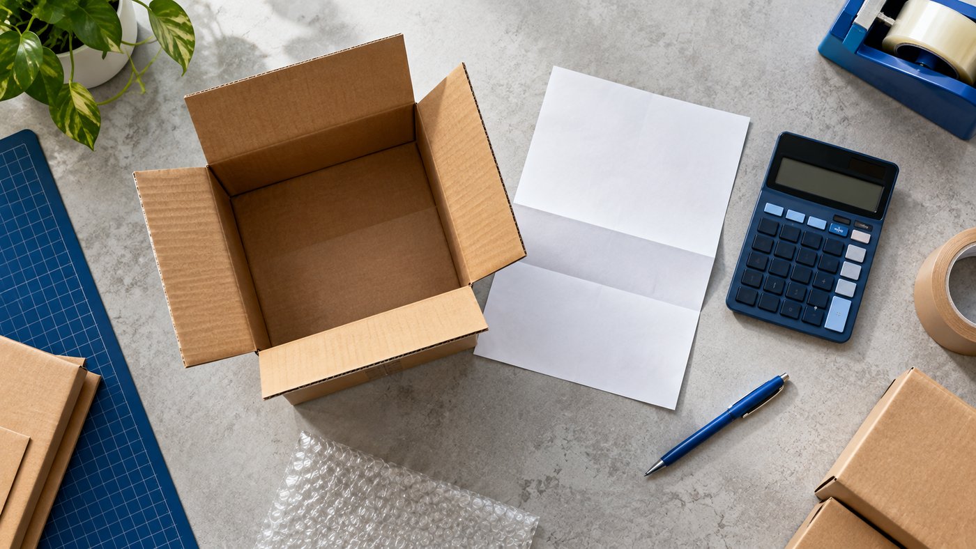 Top-down view of an open shipping box, a blank folded sheet and a blue calculator on a grey table.