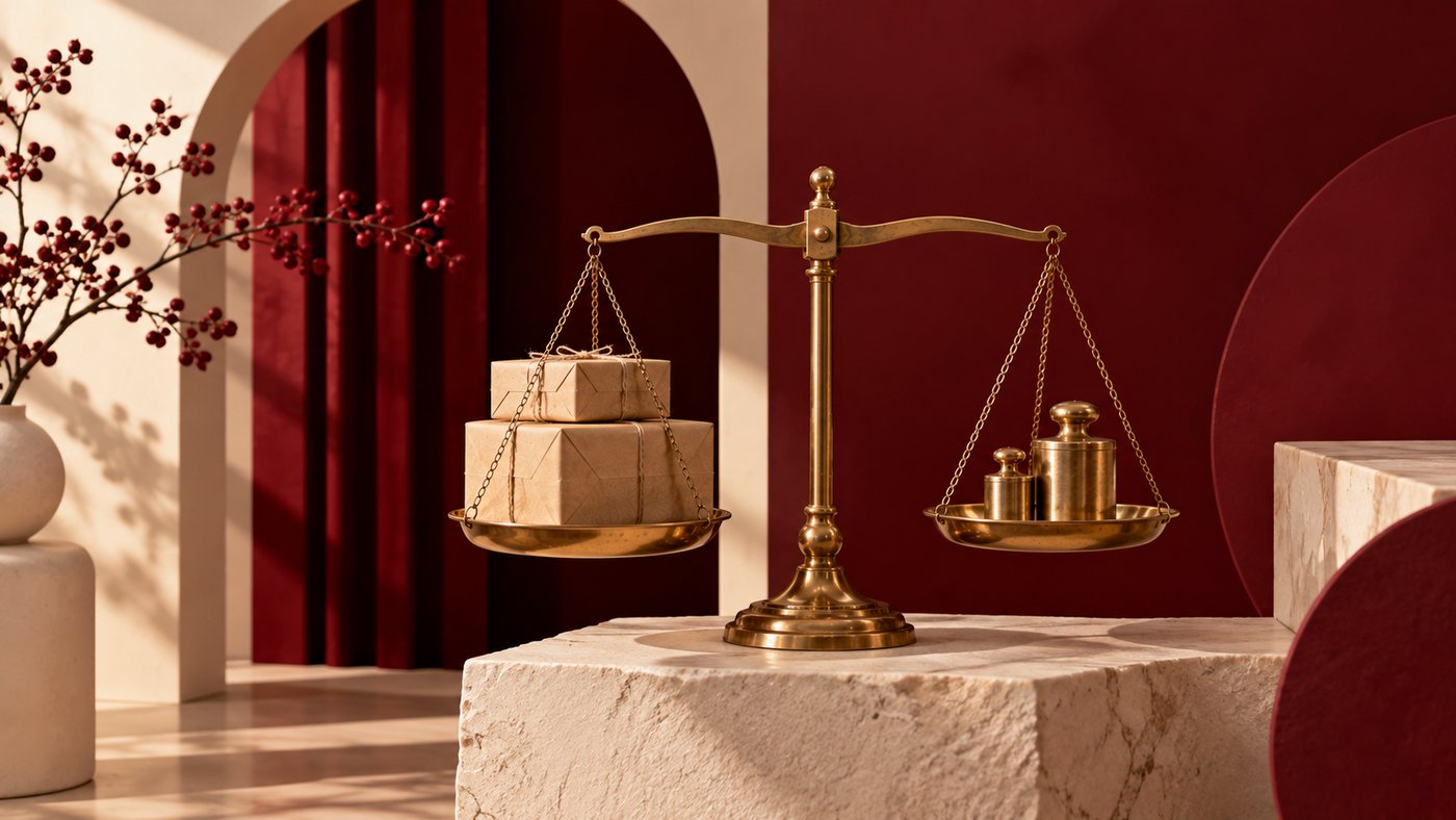 A brass balance scale with parcels in one pan and weights in the other, on a stone plinth.