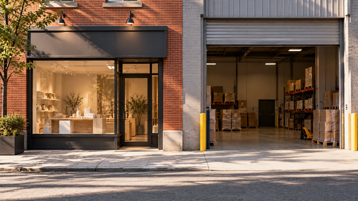 A shop window and a warehouse loading bay side by side on the same street.