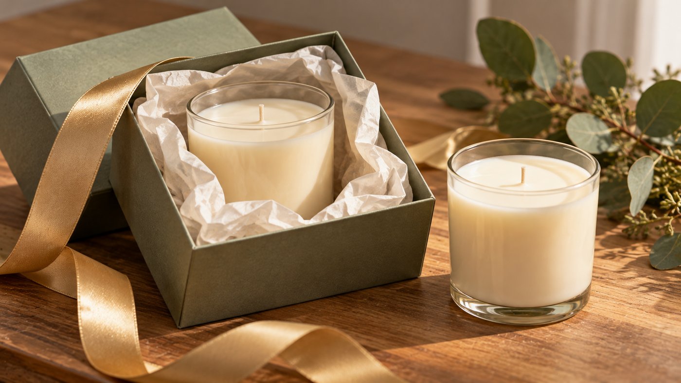 Two scented candles on a table, one in a gift box with a ribbon and one on its own.