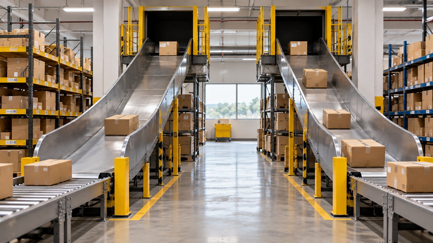 Two parcel chutes in a warehouse, each leading to its own conveyor and shelves.
