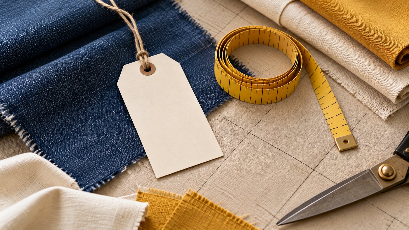 A blank product tag on a string beside a coiled measuring tape and fabric swatches on a cutting table.