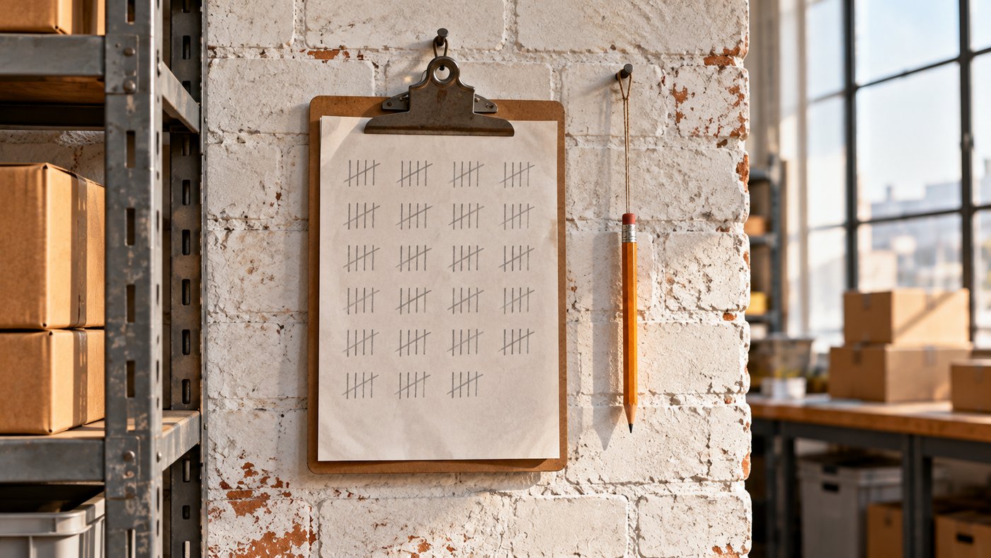 A clipboard of pencil tally marks hanging on a whitewashed brick wall beside a pencil on a string.
