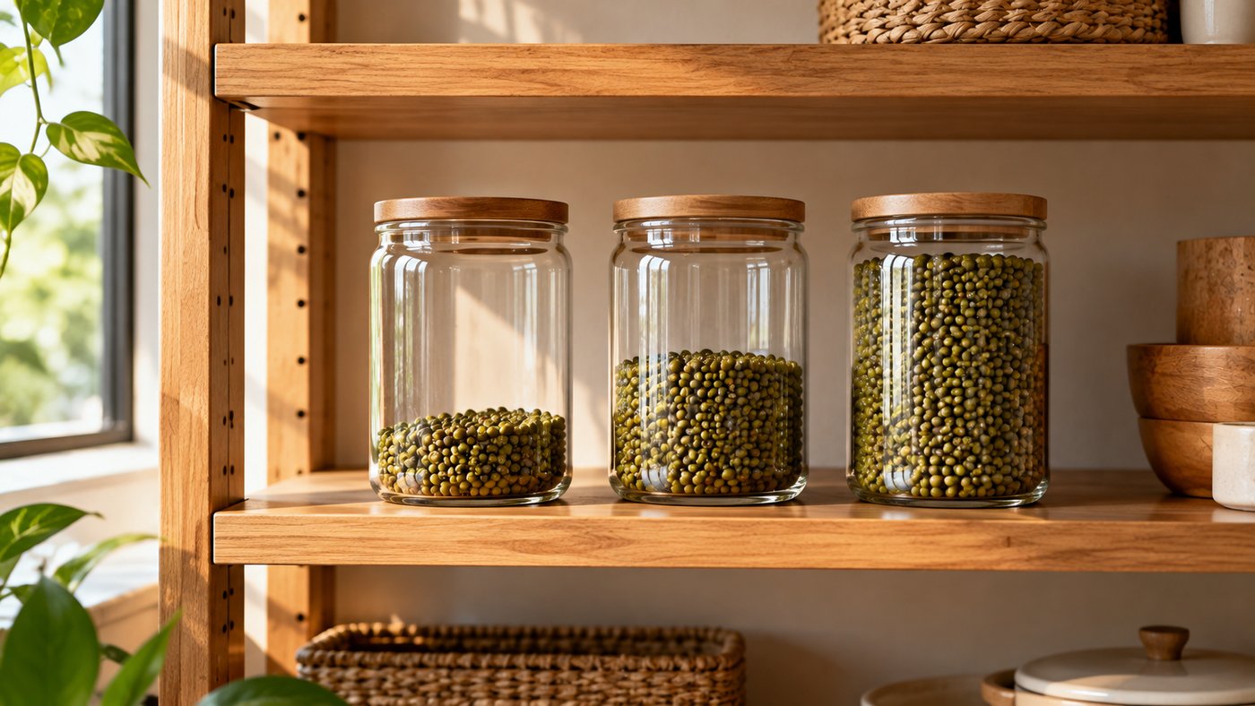 Three glass jars of dried mung beans on a wooden shelf, filled low, half and almost full.
