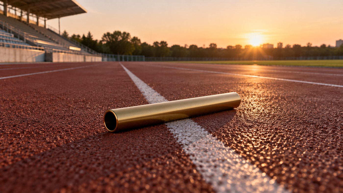 A relay baton resting on the lane line of an empty running track.