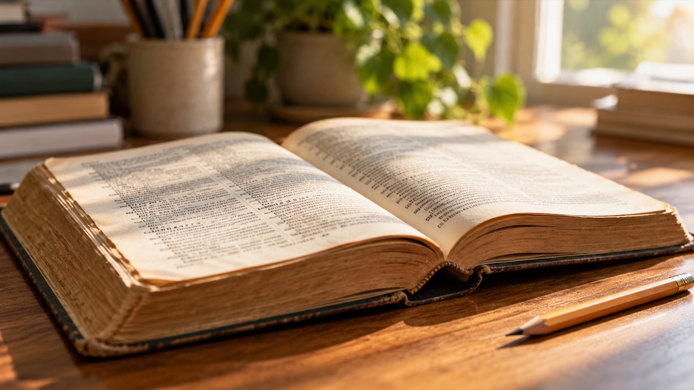A worn dictionary lying open on a wooden desk beside a pencil.