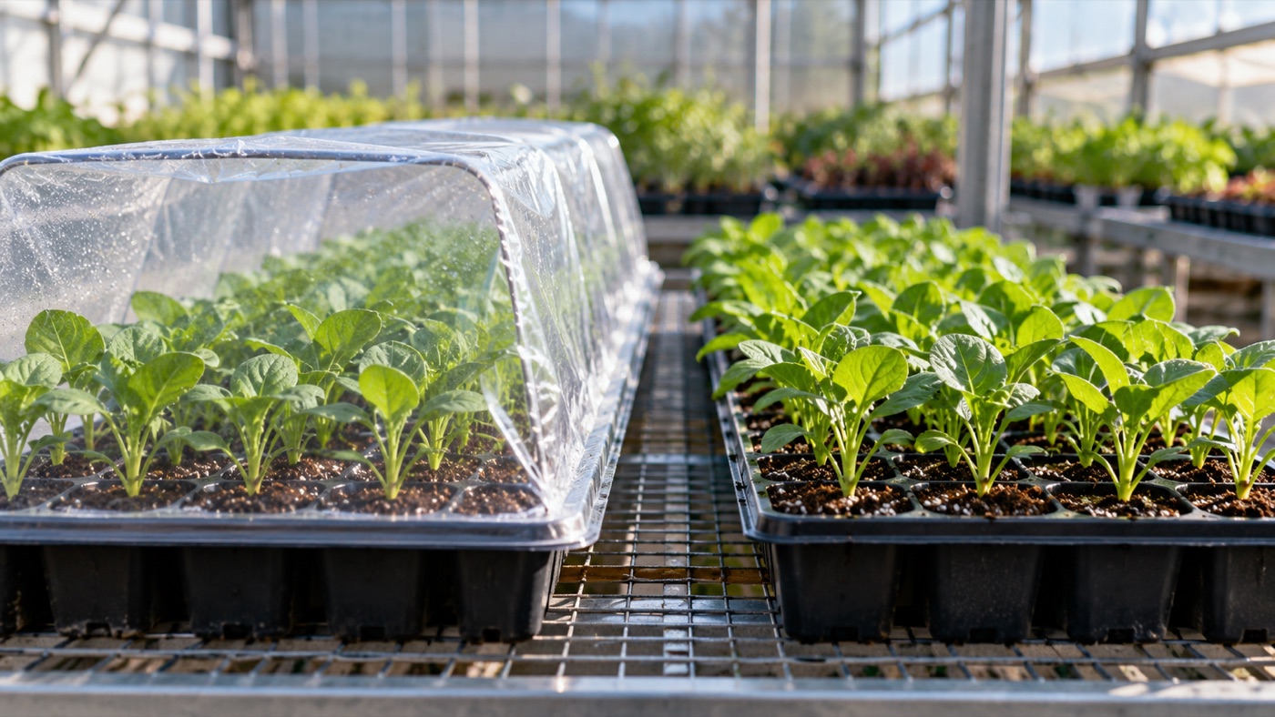Two rows of identical seedlings in trays, one row under a clear cover and one uncovered.