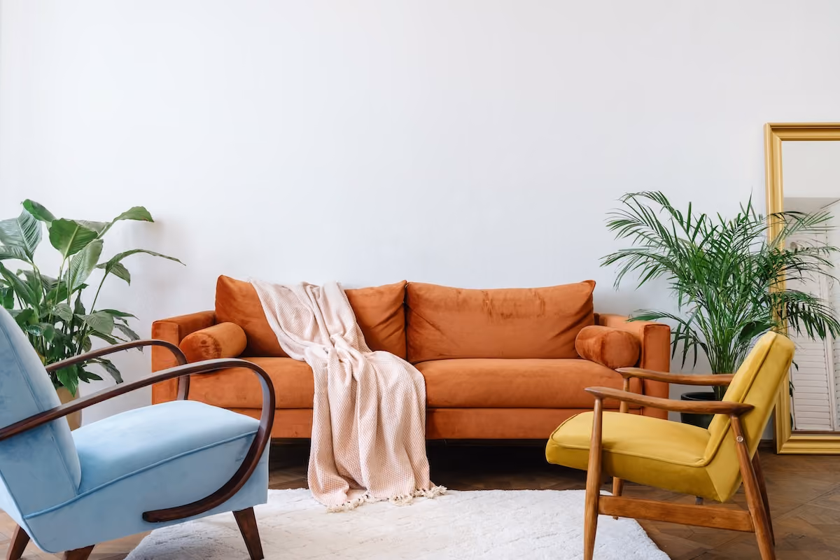 Living room with orange and blue accents