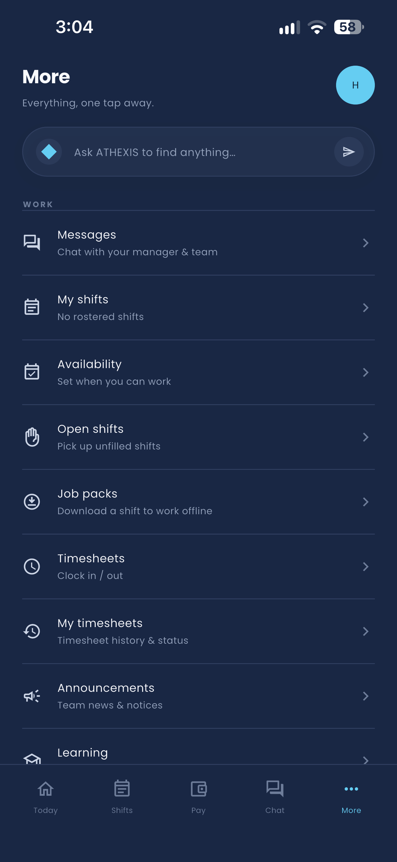 ATHEXIS mobile app, More menu with shifts, timesheets and announcements