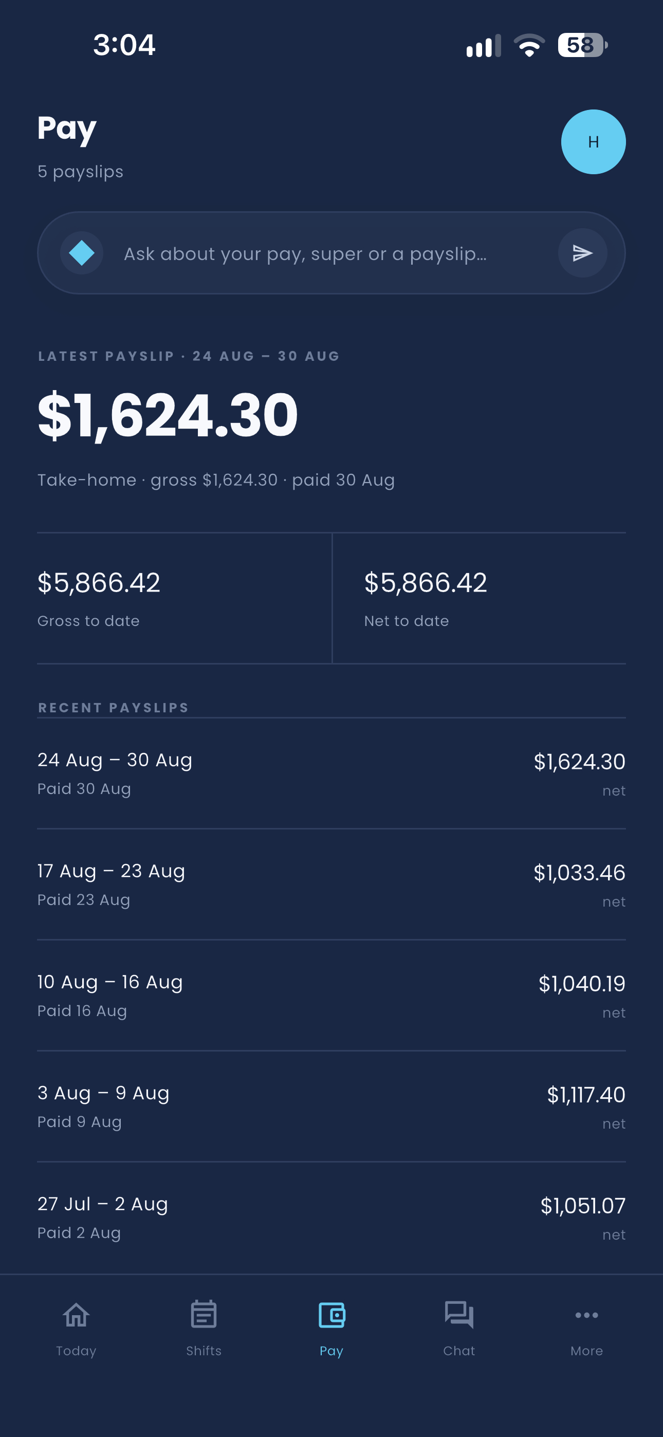 ATHEXIS mobile app, Pay screen with payslip history