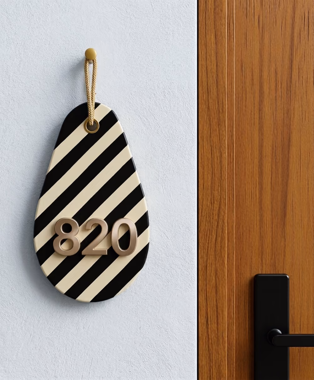 Striped room number 820 signage