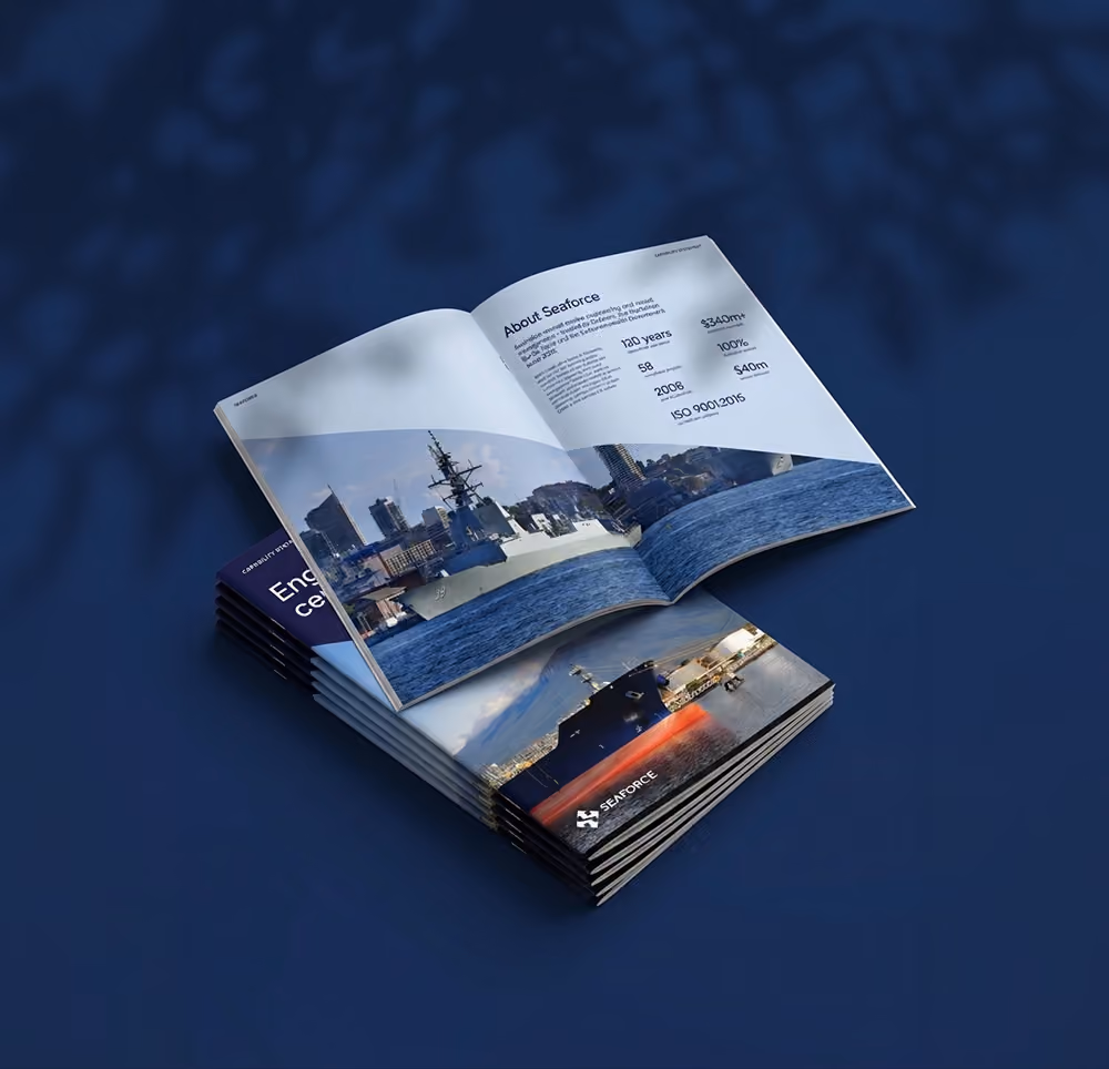 Seaforce capability brochure open on a blue background