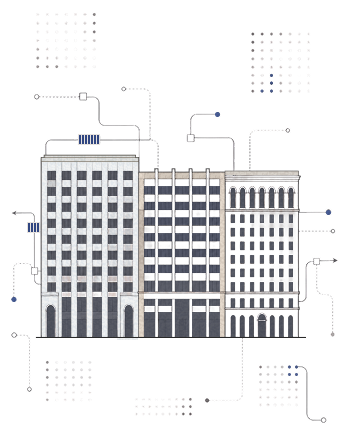 Office building illustration connected to data lines