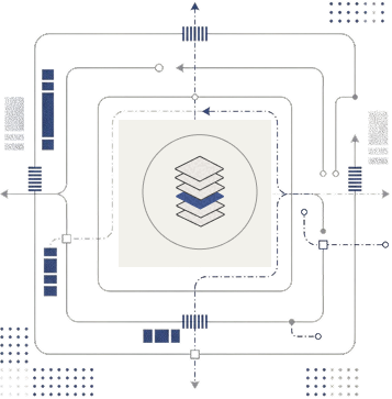 Layered data stack at the center of a circuit-style diagram