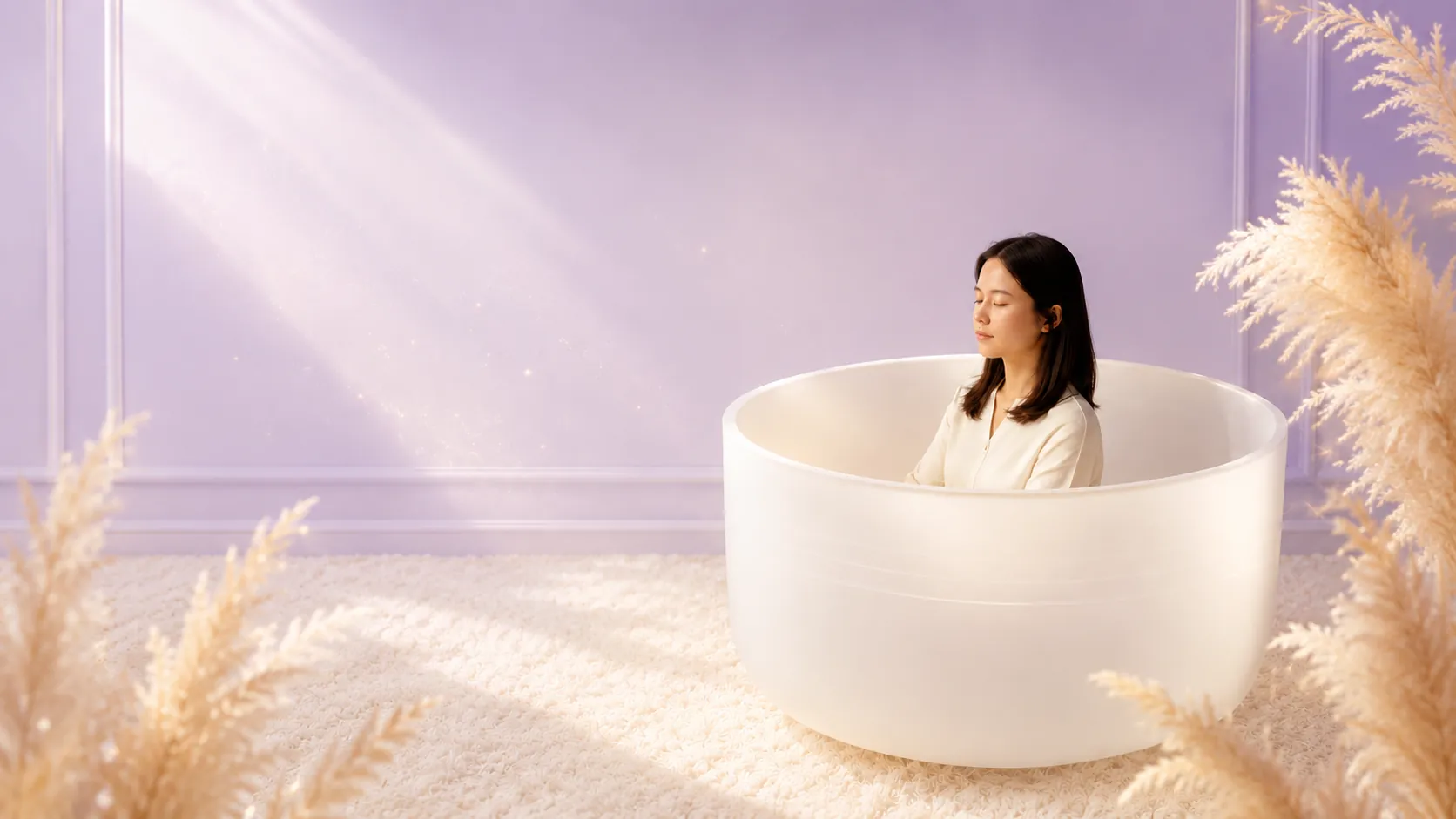 超大人体水晶颂钵音疗：坐在大型水晶颂钵里的女士