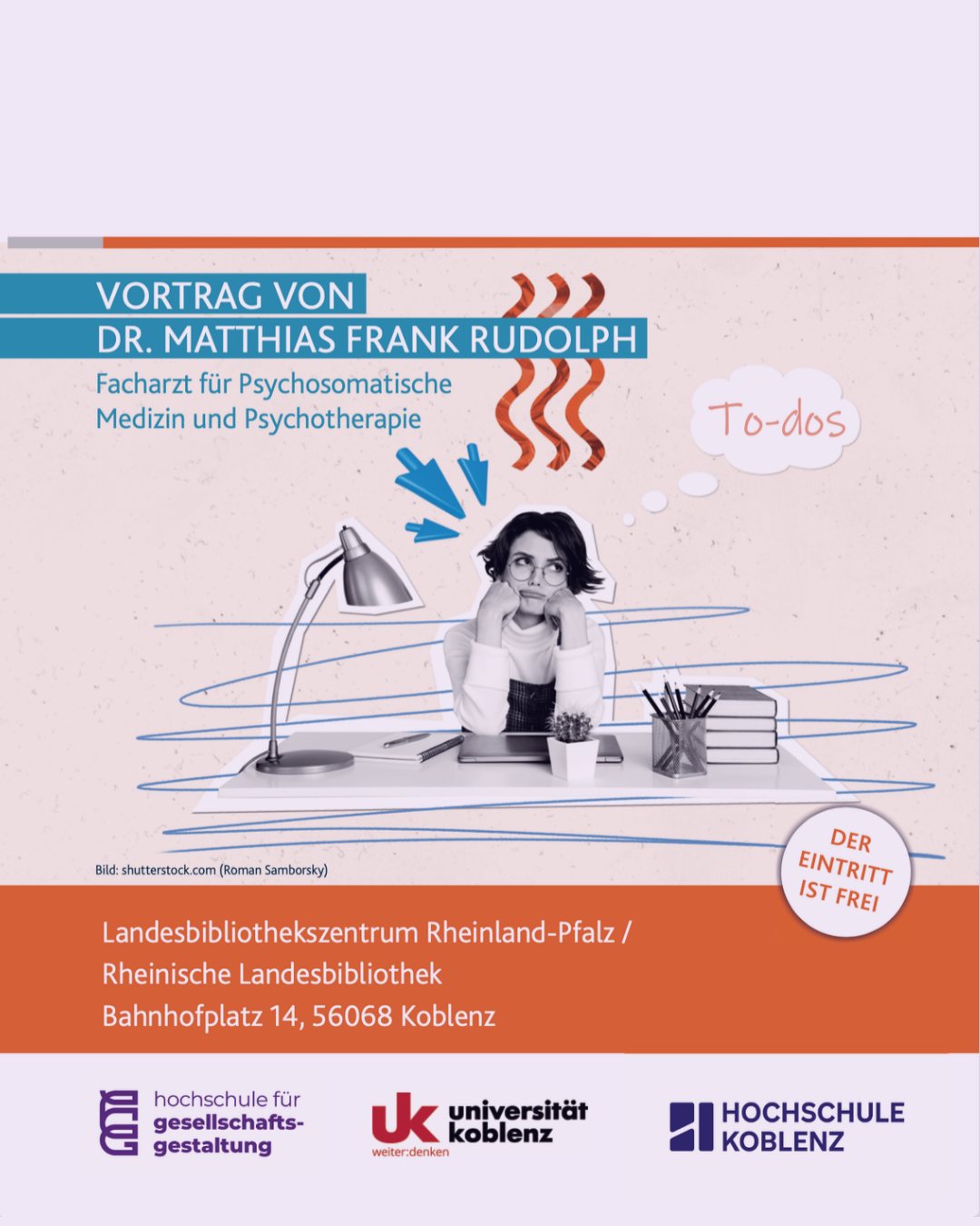 Illustration: Person am Schreibtisch, Vortrag zu Aufschieberitis