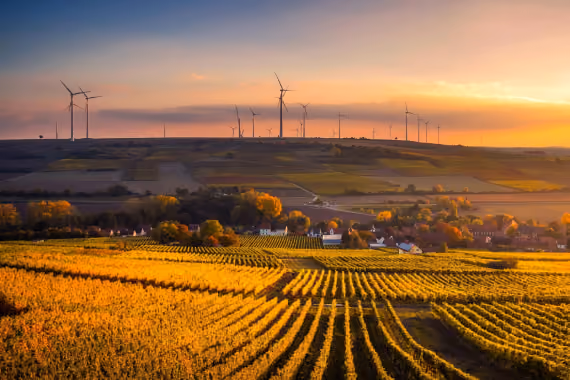 Sunset over vast agricultural fields with rows of crops in the foreground, a small village with scattered houses and trees in the middle ground, and wind turbines along a hill in the background under a colorful sky.
