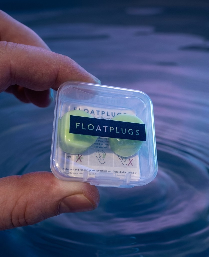 A pair of Floatplugs soft silicone ear plugs in their case, held above rippling float-tank water