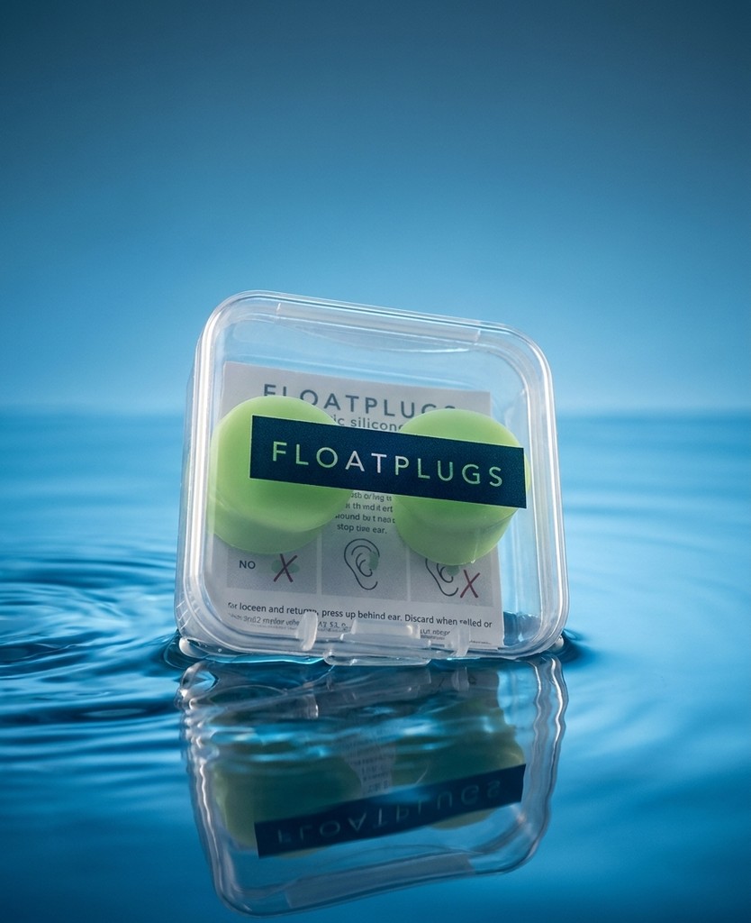 A case of Floatplugs ear plugs standing on calm blue water with its reflection