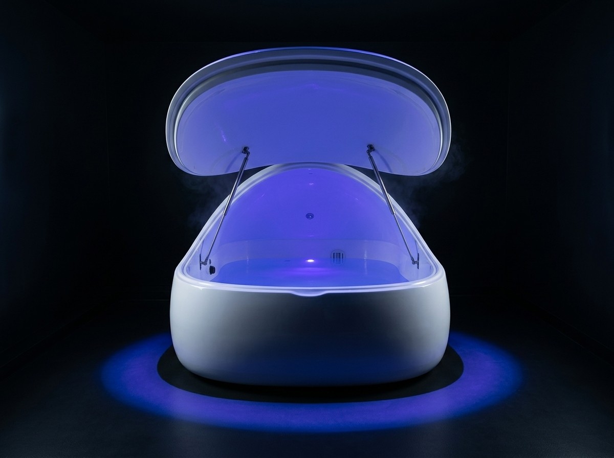 Open Float Pod with its lid raised, glowing blue in a dark room, the preview for the Floatworks video A float, start to finish