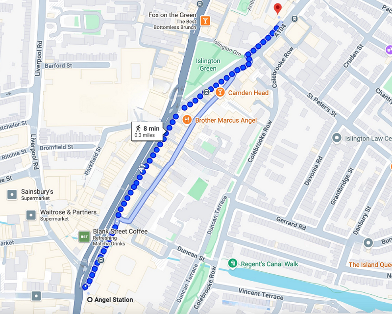 Vauxhall to Angel map