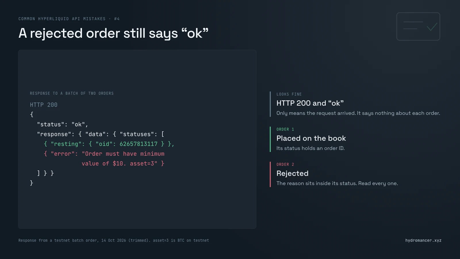 A Hyperliquid batch order response with HTTP 200 and status ok: the first order rests on the book with an order ID, the second is rejected with 'Order must have minimum value of $10'.