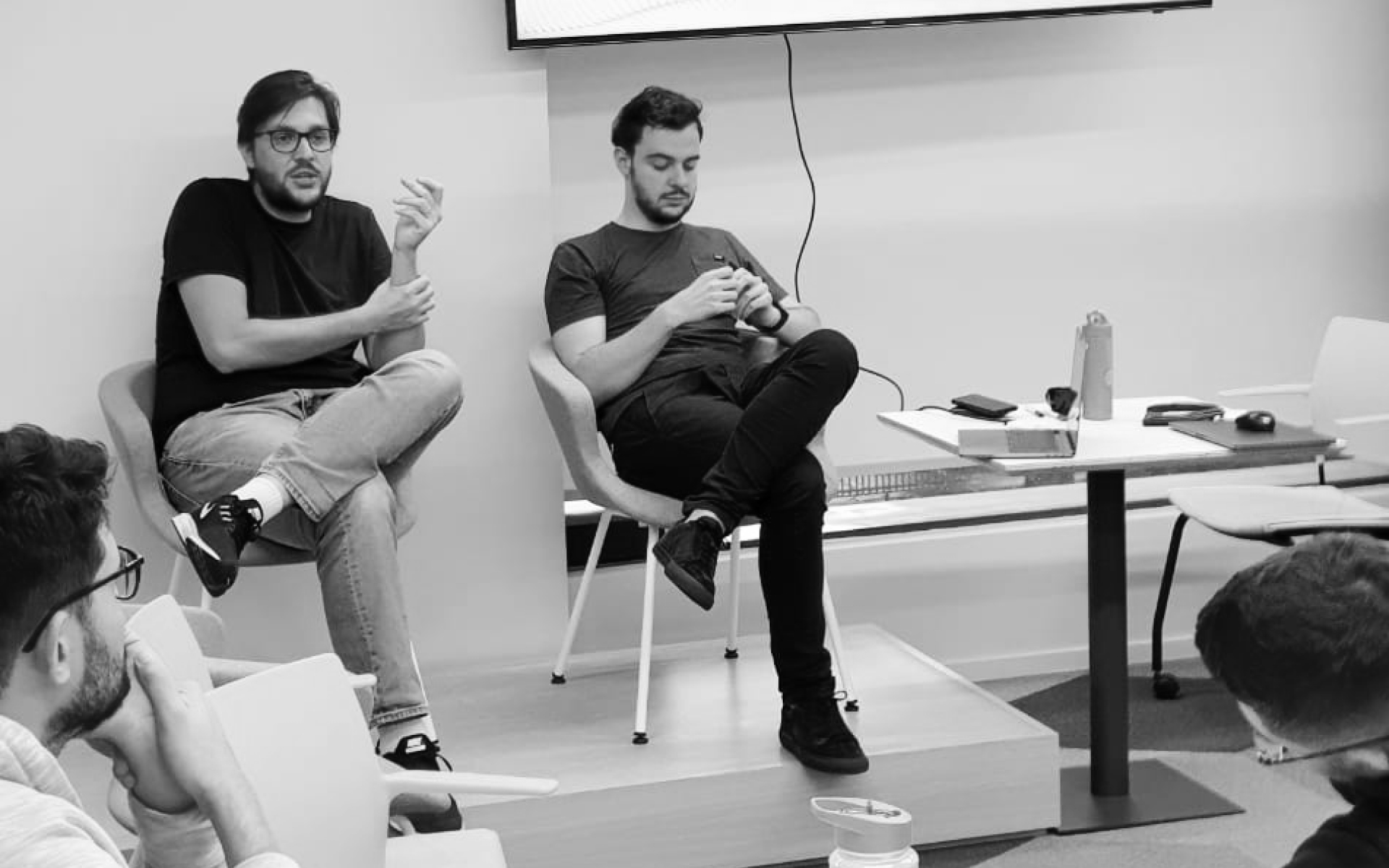Caio Rossini (right) and I (left) talking about Design Systems as part of a mentorship for early stage startups employees