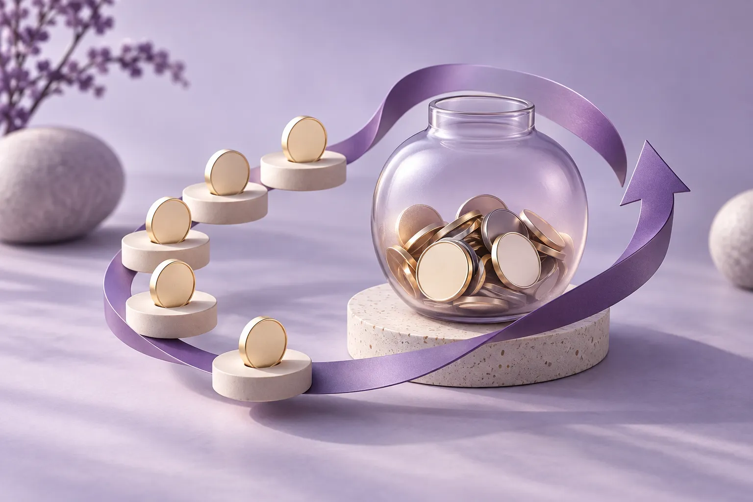 Coins moving in a recurring cycle into a savings jar.
