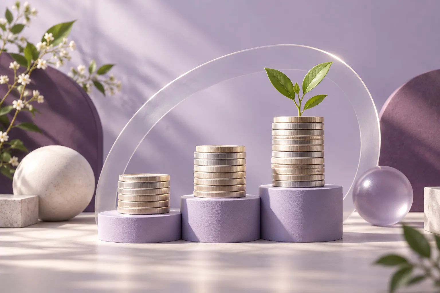 Coin stacks and a sprout symbolising the growth of fixed deposit savings.