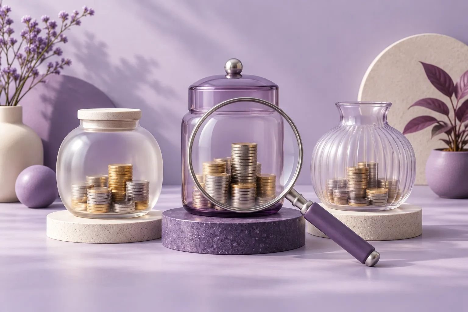Savings jars and a magnifying glass symbolising the comparison of fixed deposits.