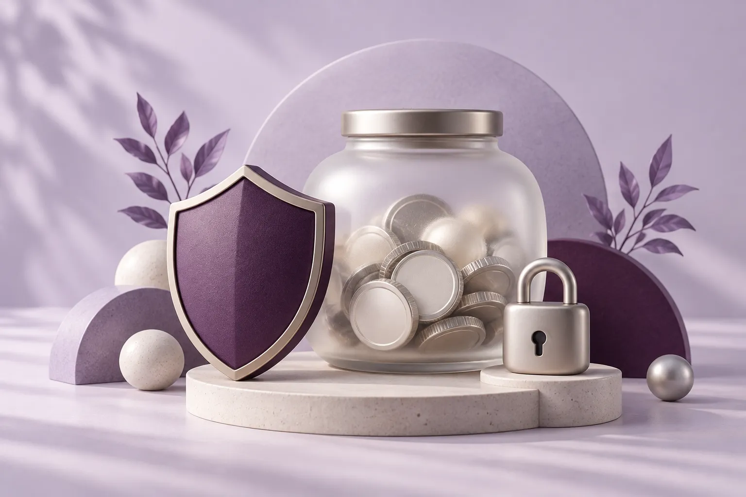 A shield and padlock protecting a jar of savings.