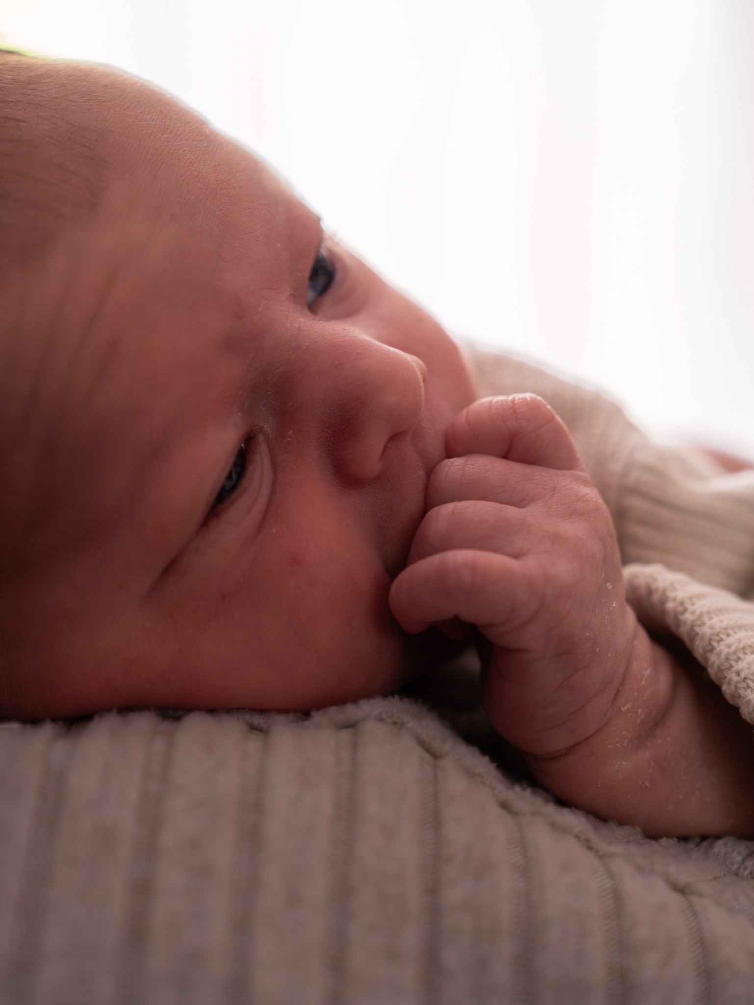Detailportret van de pasgeboren baby bij Sharina