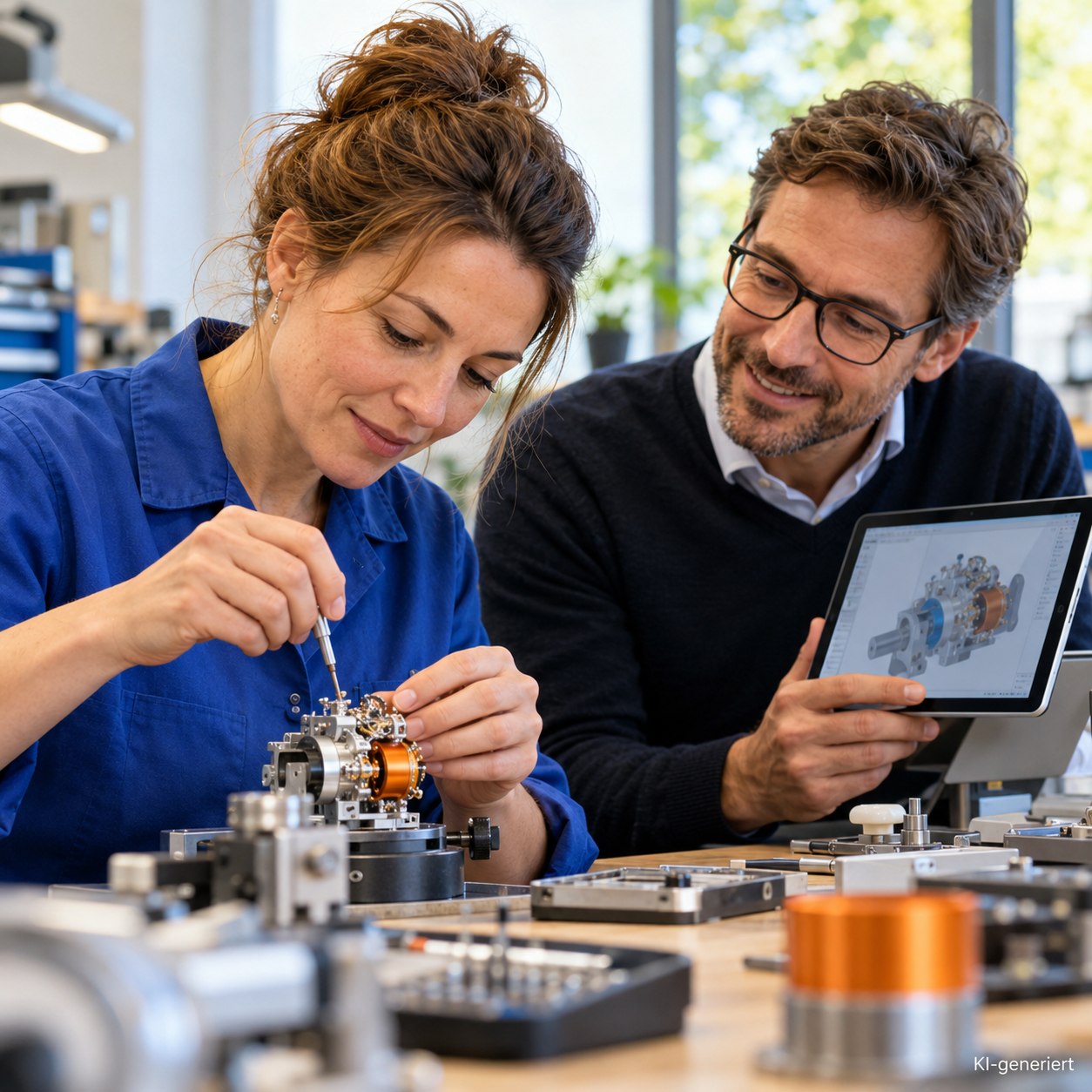 Fachfrau und Ingenieur verbinden handwerkliches Können mit digitalen Konstruktionsdaten. KI-generiertes Symbolfoto.