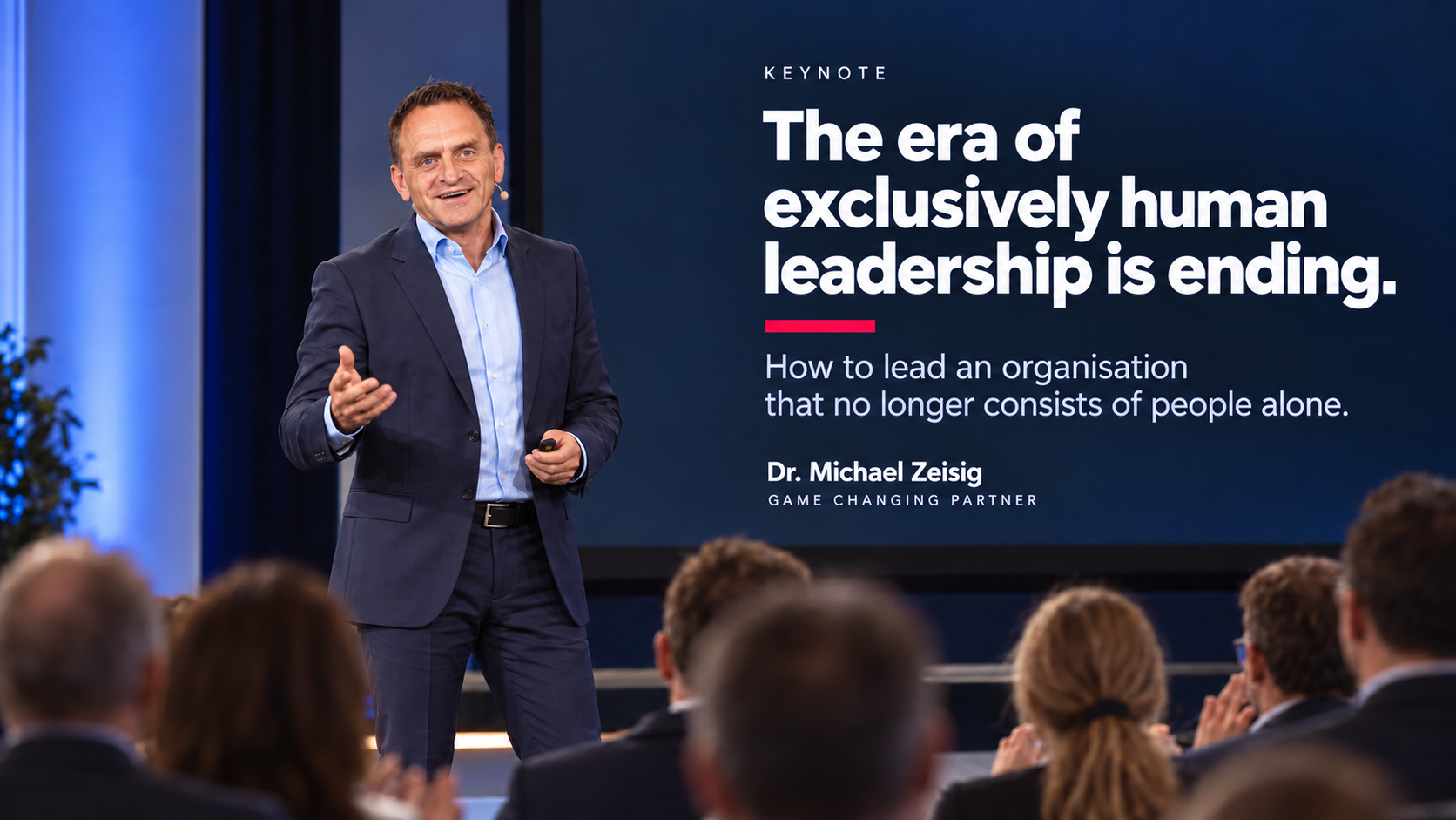 AI-generated keynote scene: Michael Zeisig presenting on leadership in hybrid organisations to an applauding audience.