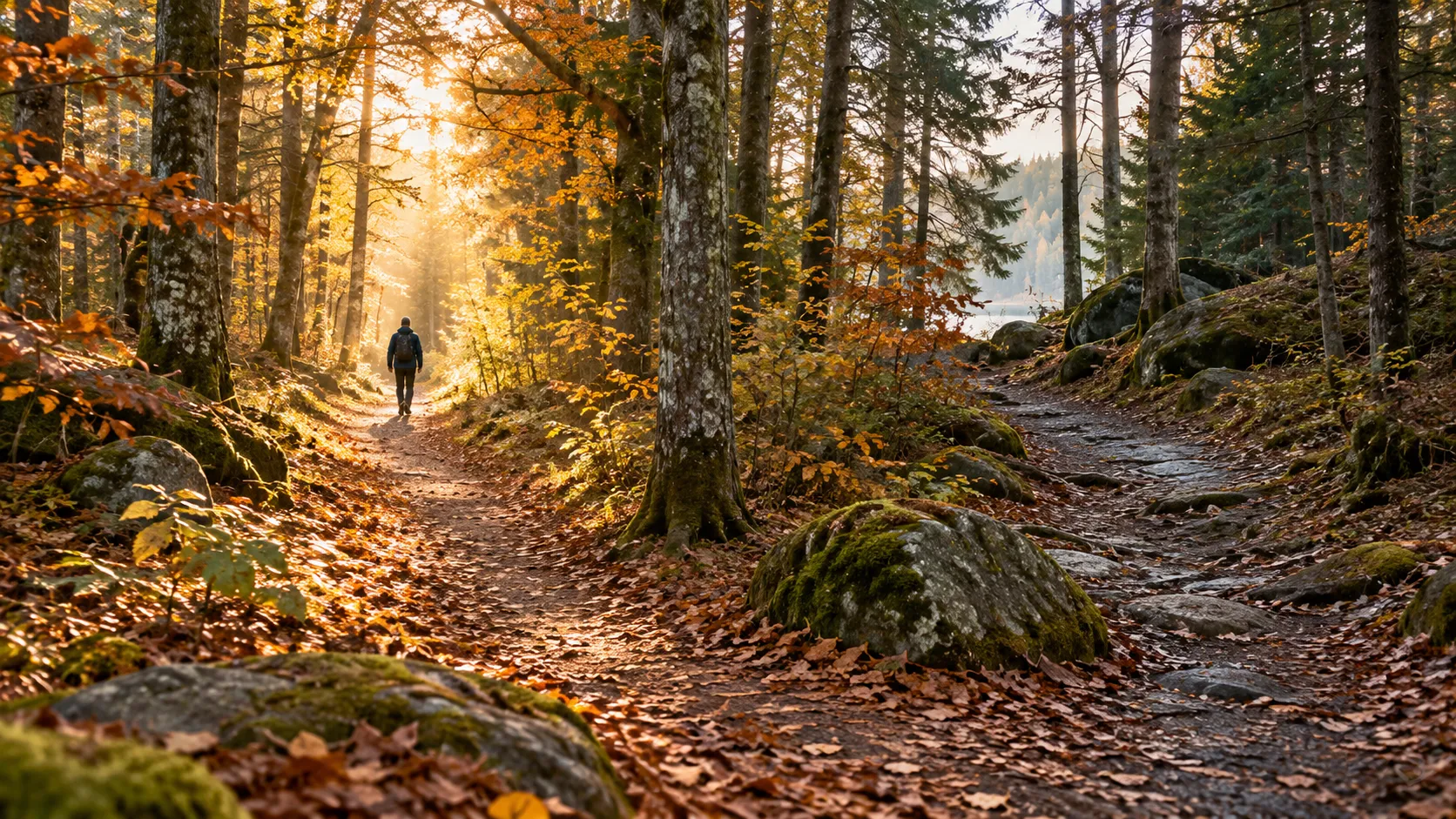 Waldweg mit einer Weggabelung und einer Person im warmen Morgenlicht.