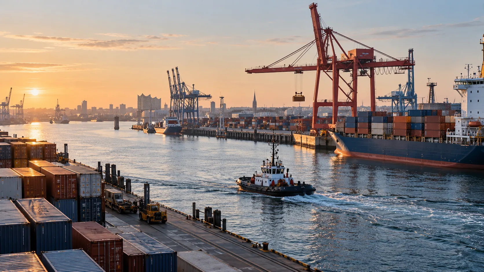 A harbor with a container crane and a moving tugboat in morning light.