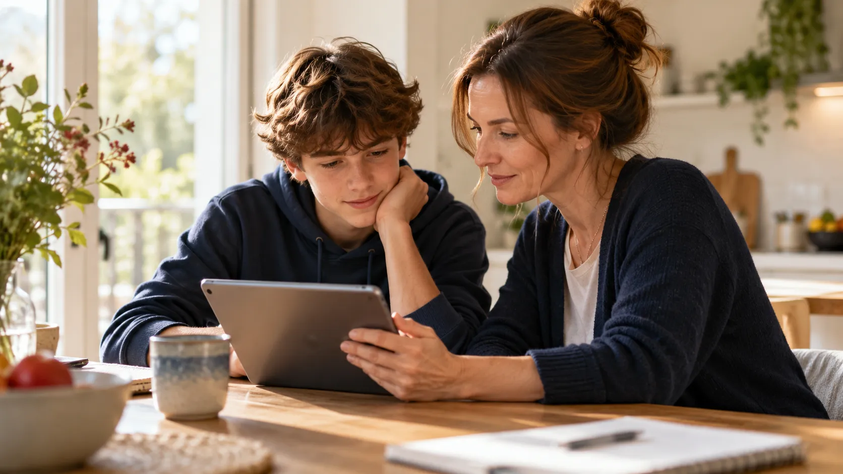 A parent and a teenager exploring a tablet together.