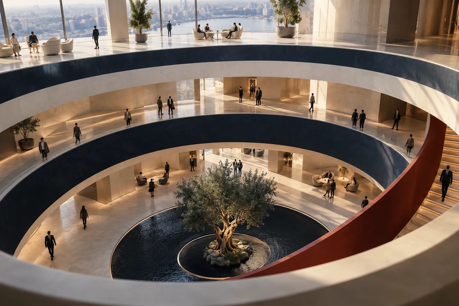 Drei offene architektonische Ebenen mit Menschen als Sinnbild unterschiedlicher KI-Wirkungsebenen.