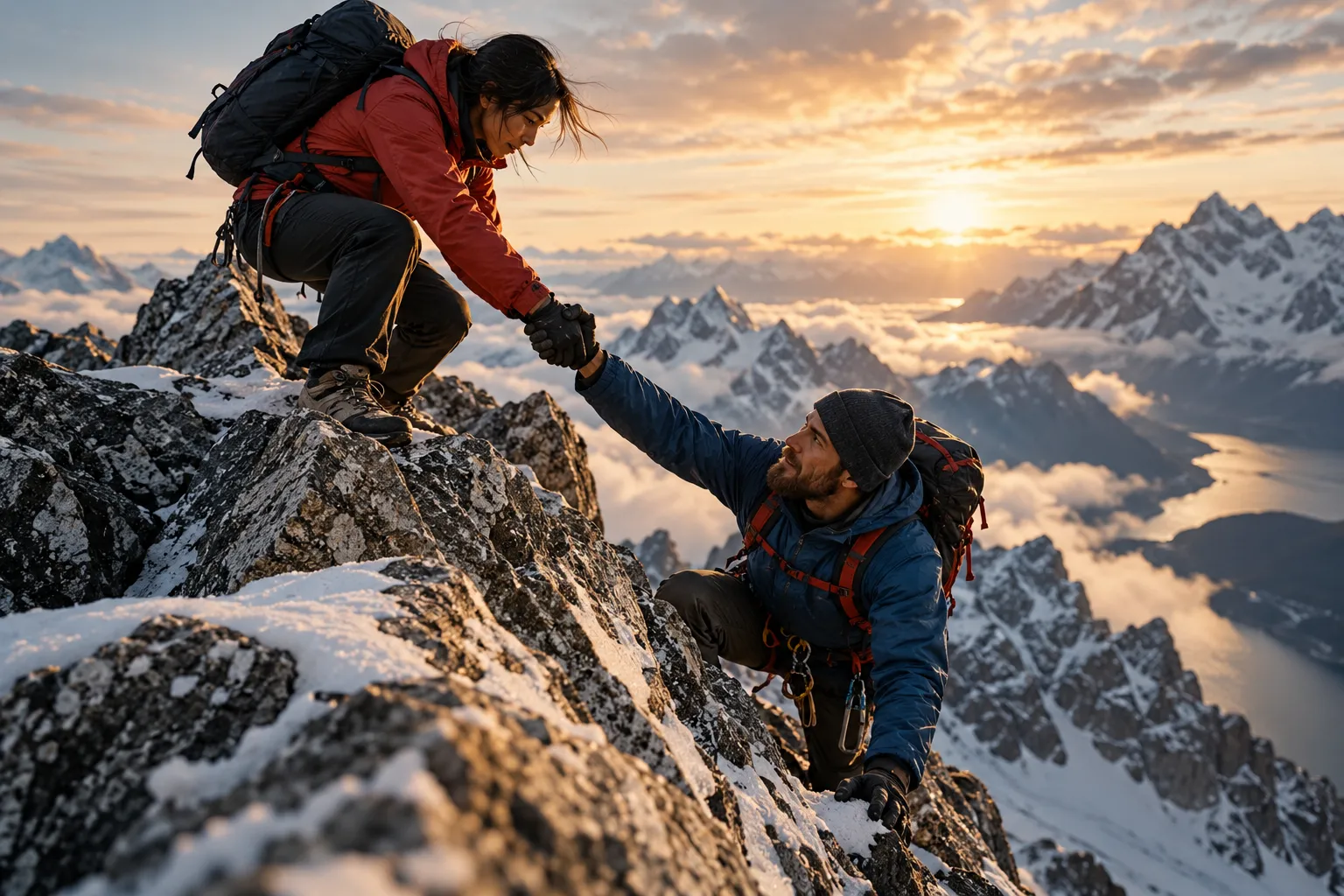Two mountaineers work together to navigate a challenging ridge.