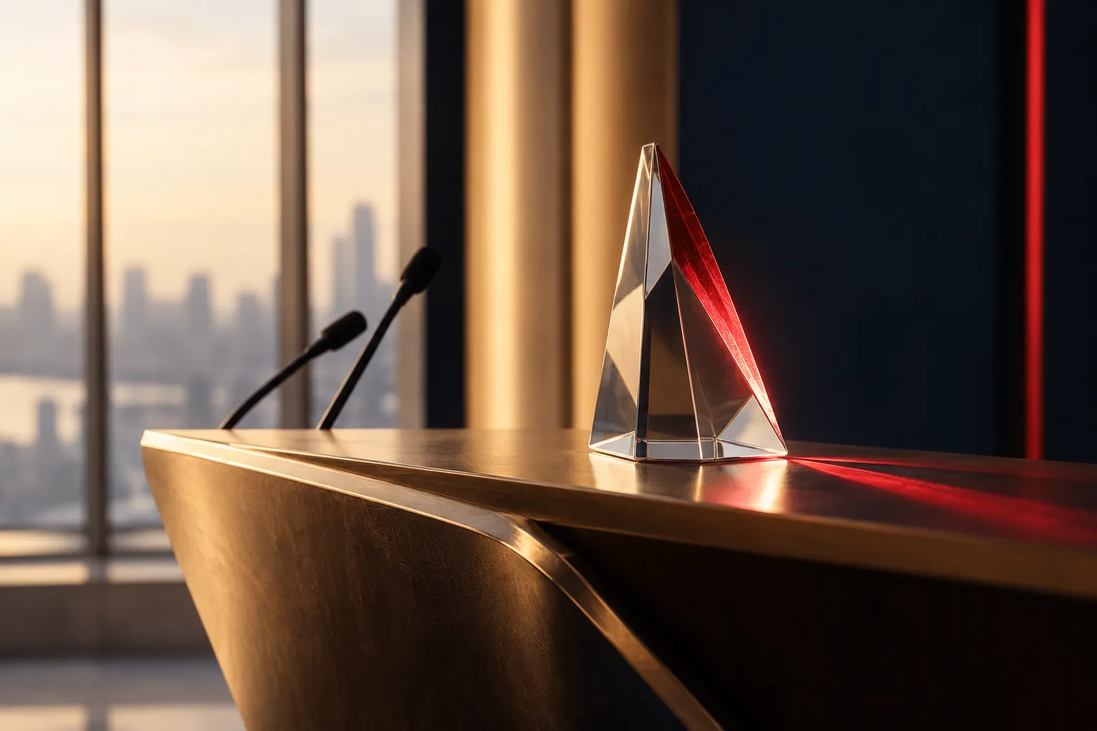 Ein skulpturales Glasprisma auf einem Rednerpult als konzeptionelles Innovationsmotiv.