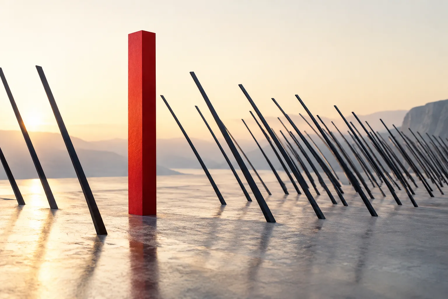 Eine aufrechte rote Skulptur zwischen geneigten dunklen Stäben.