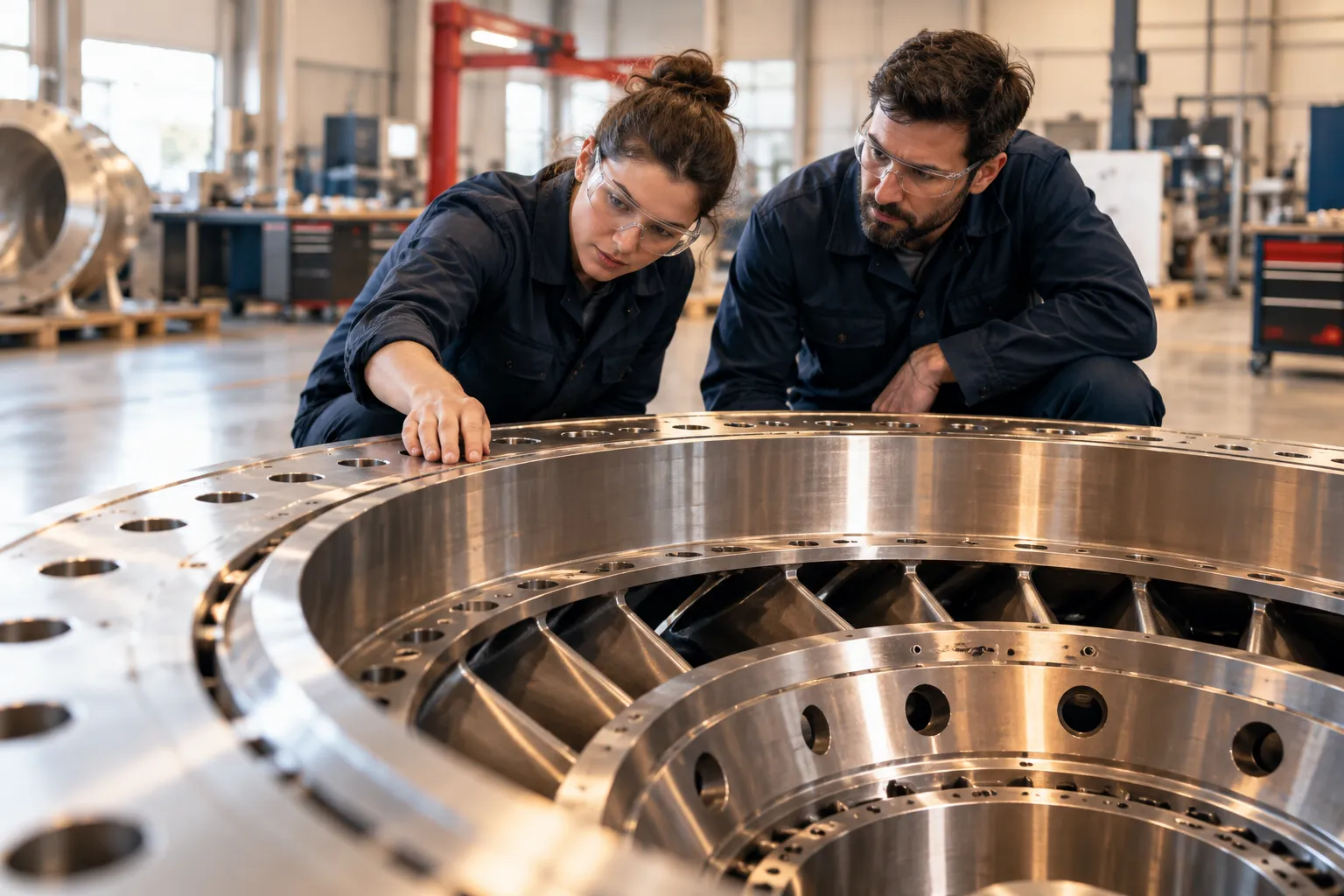 Zwei Fachkräfte prüfen gemeinsam eine große Metallbaugruppe in einer Werkhalle.